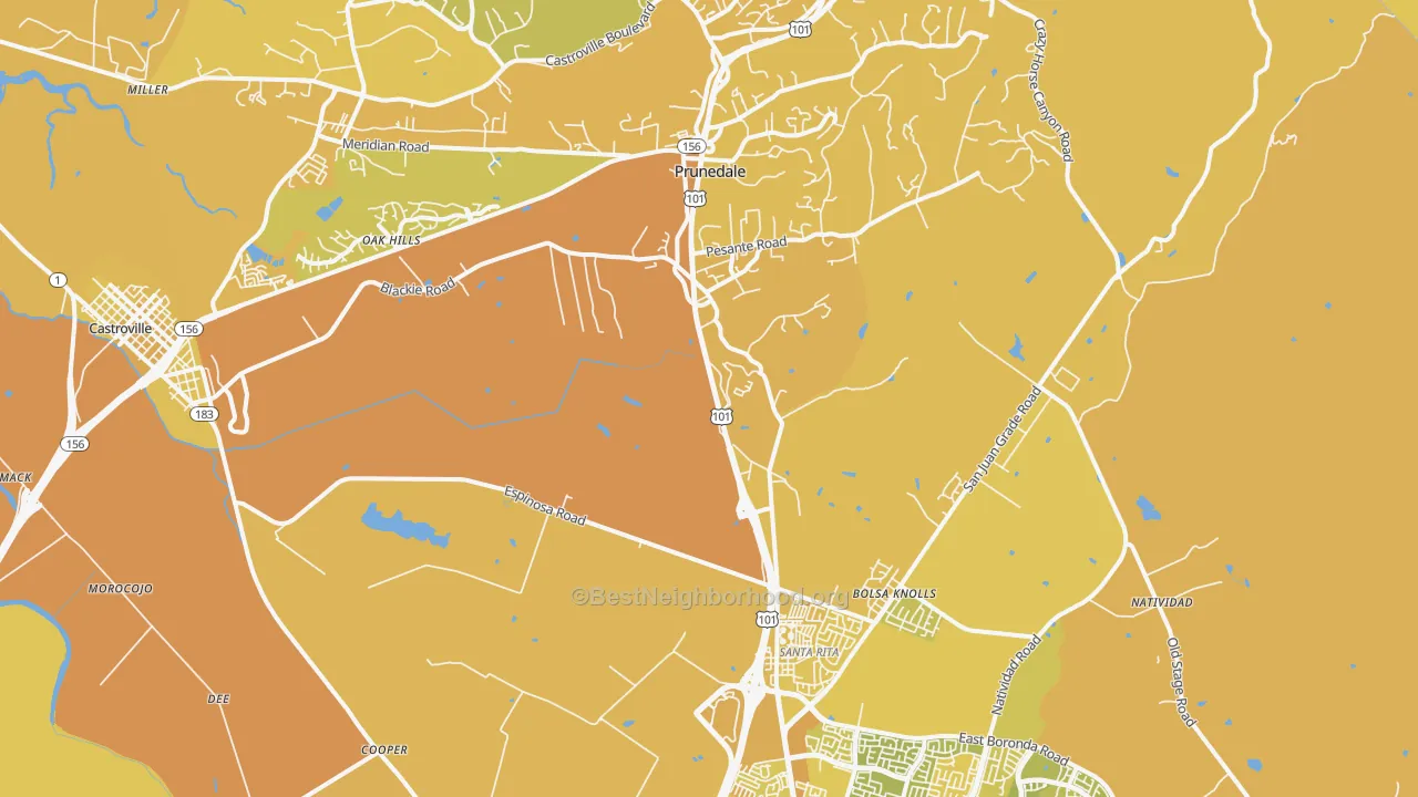Map of the best neighborhoods in the 93907 area, with better matches in green and worse matches in red
