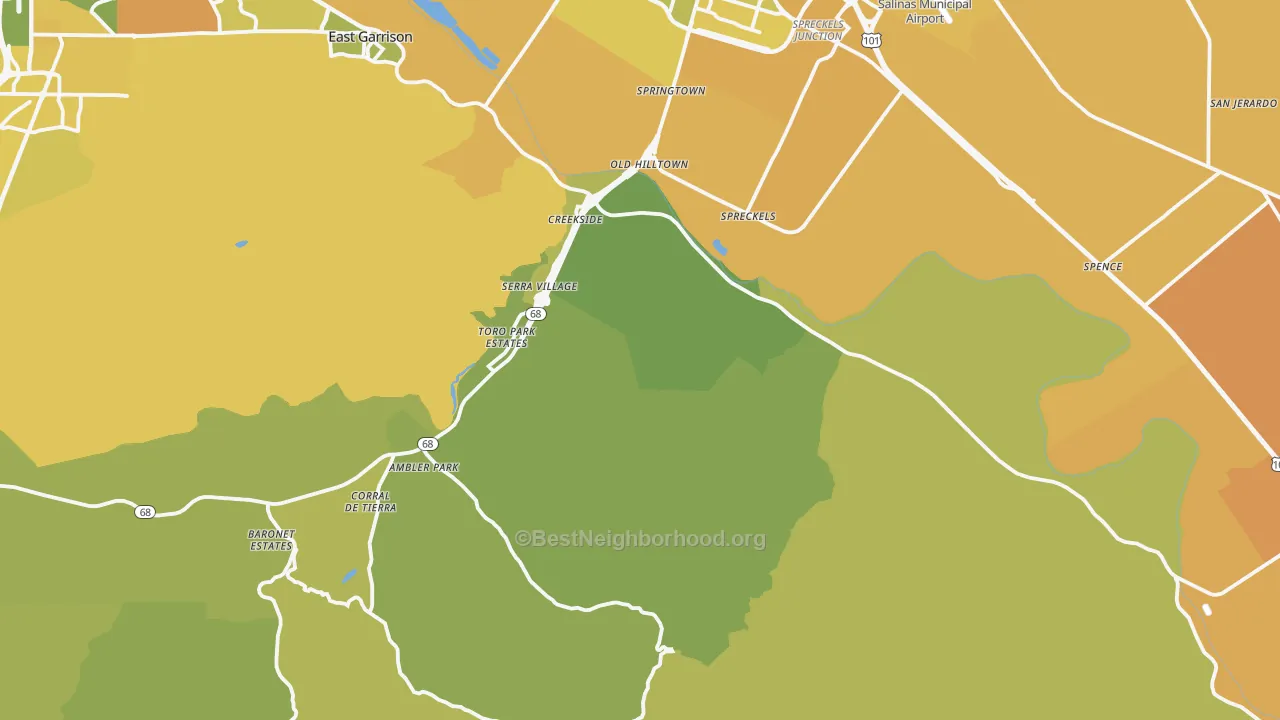 Map of the best neighborhoods in the 93908 area, with better matches in green and worse matches in red