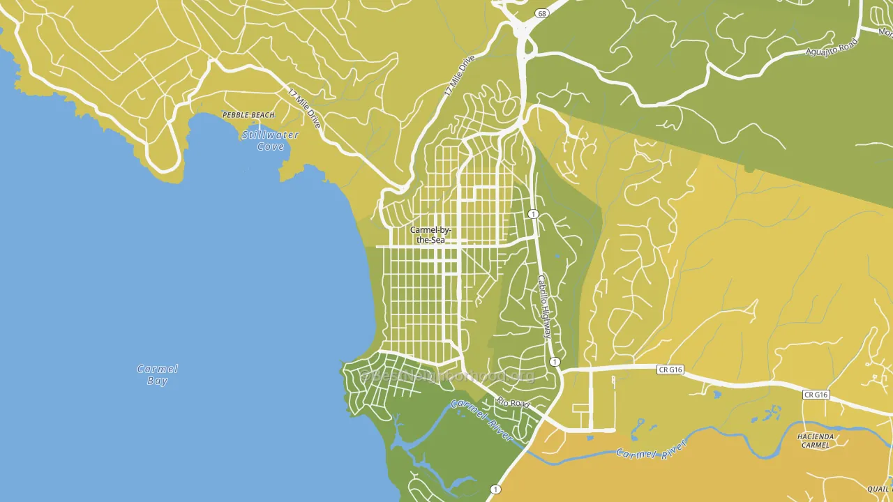 Map of the best neighborhoods in the 93921 area, with better matches in green and worse matches in red