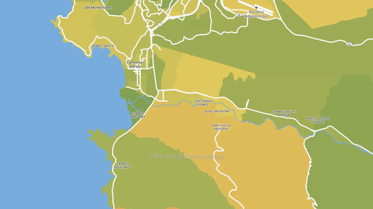 Map of the best neighborhoods in the 93923 area, with better matches in green and worse matches in red