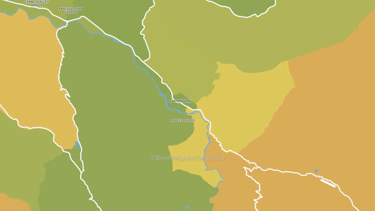 Map of the best neighborhoods in the 93924 area, with better matches in green and worse matches in red