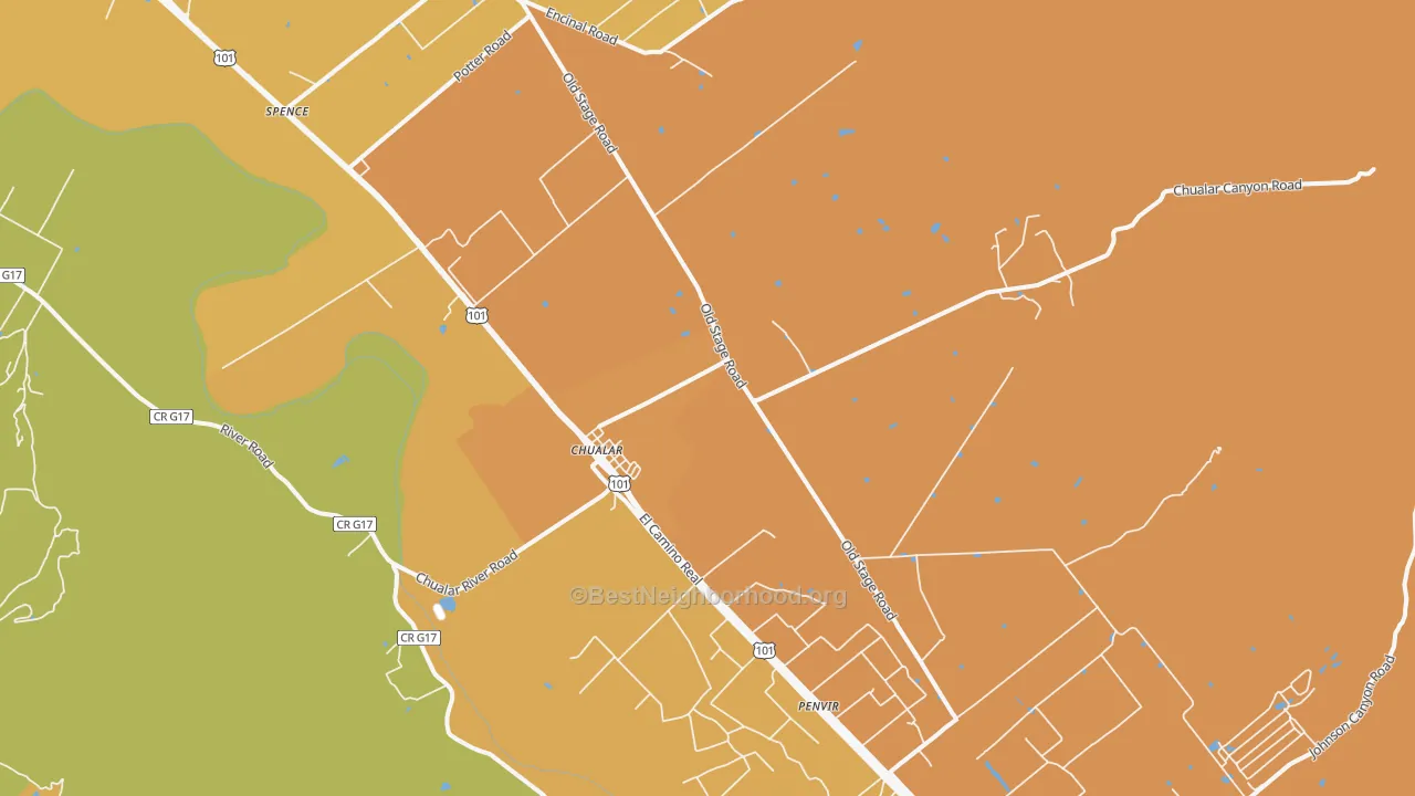 Map of the best neighborhoods in the 93925 area, with better matches in green and worse matches in red
