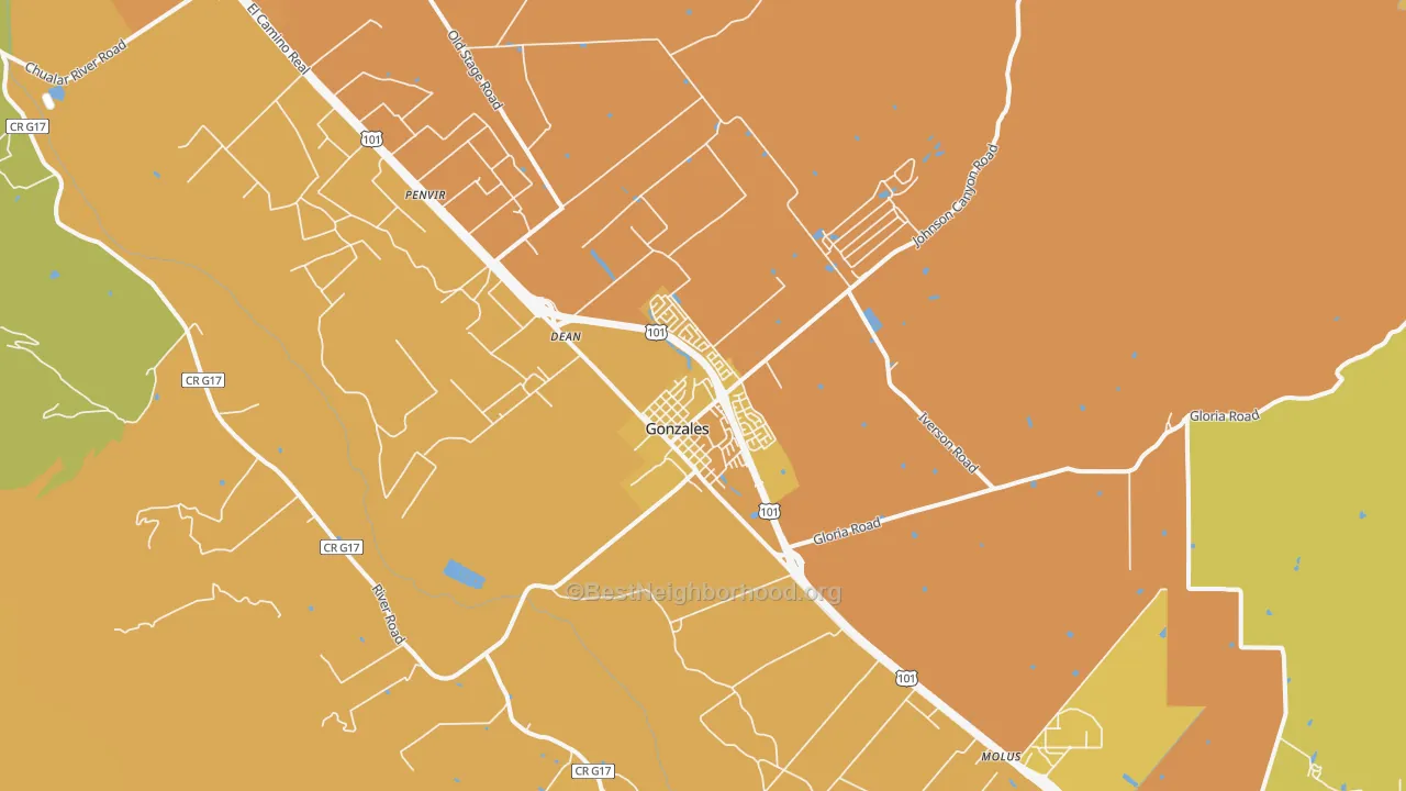 Map of the best neighborhoods in the 93926 area, with better matches in green and worse matches in red
