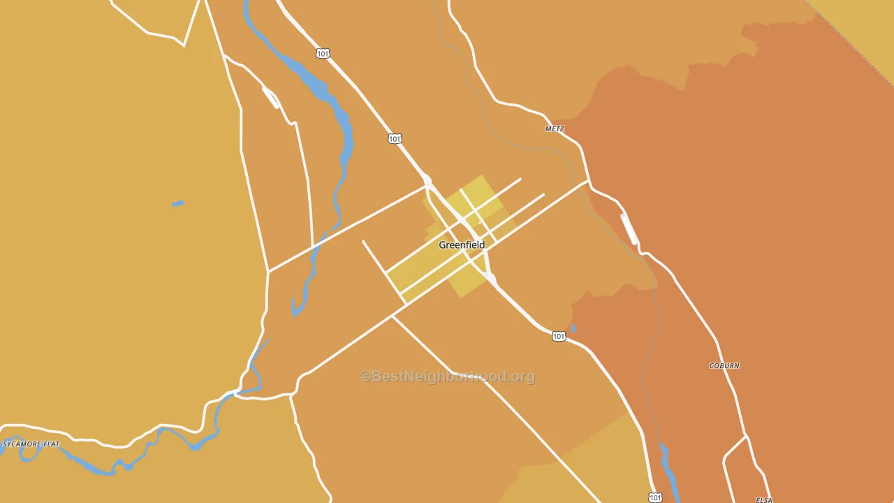 Map of the best neighborhoods in the 93927 area, with better matches in green and worse matches in red