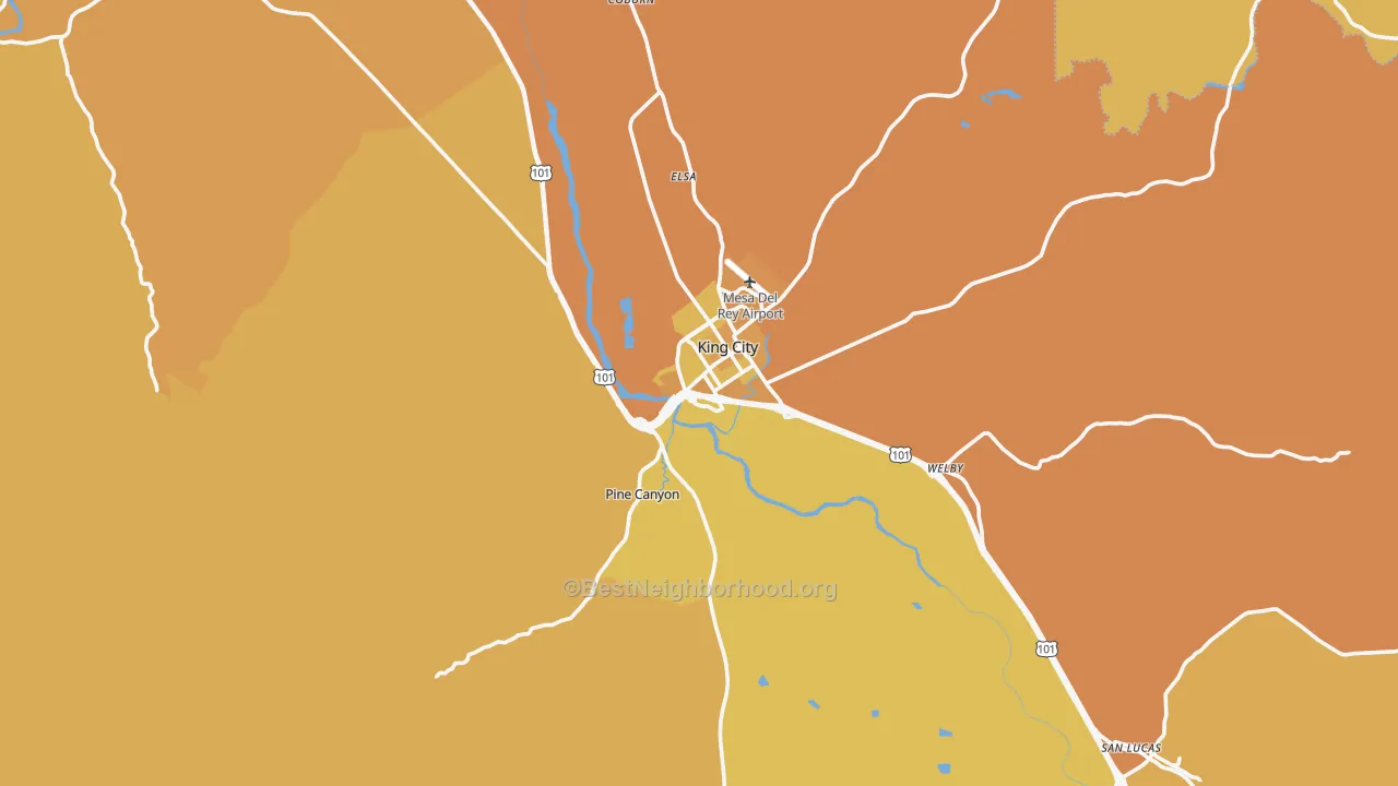 Map of the best neighborhoods in the 93930 area, with better matches in green and worse matches in red