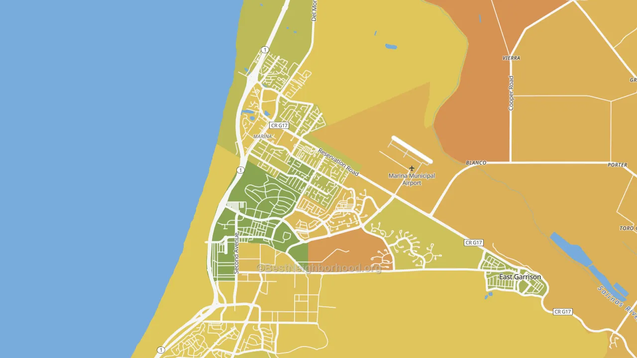 Map of the best neighborhoods in the 93933 area, with better matches in green and worse matches in red