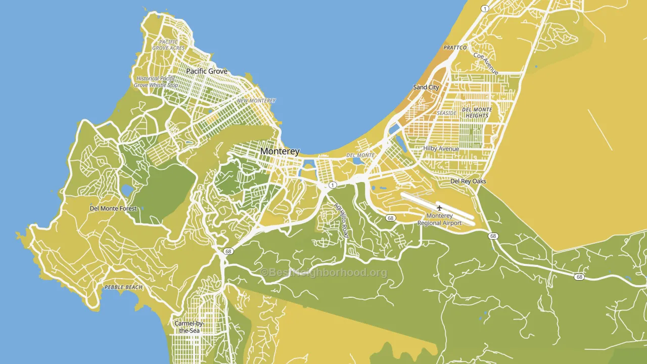 Map of the best neighborhoods in the 93940 area, with better matches in green and worse matches in red