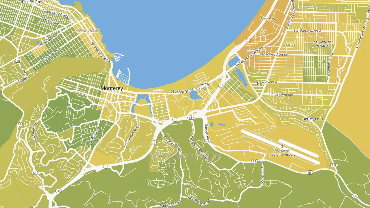 Map of the best neighborhoods in the 93943 area, with better matches in green and worse matches in red