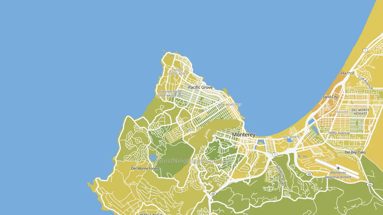 Map of the best neighborhoods in the 93950 area, with better matches in green and worse matches in red