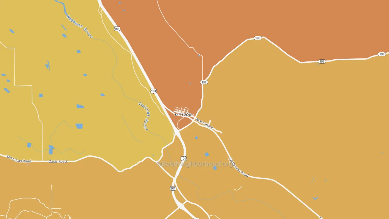 Map of the best neighborhoods in the 93954 area, with better matches in green and worse matches in red