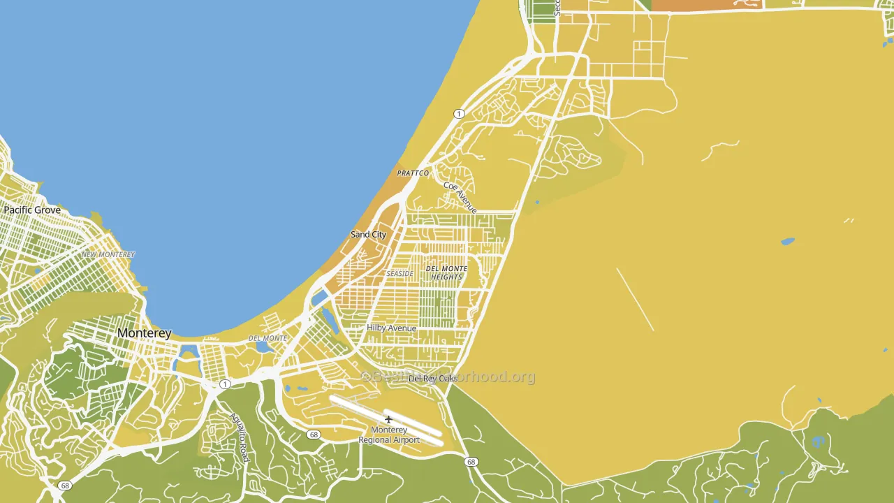 Map of the best neighborhoods in the 93955 area, with better matches in green and worse matches in red