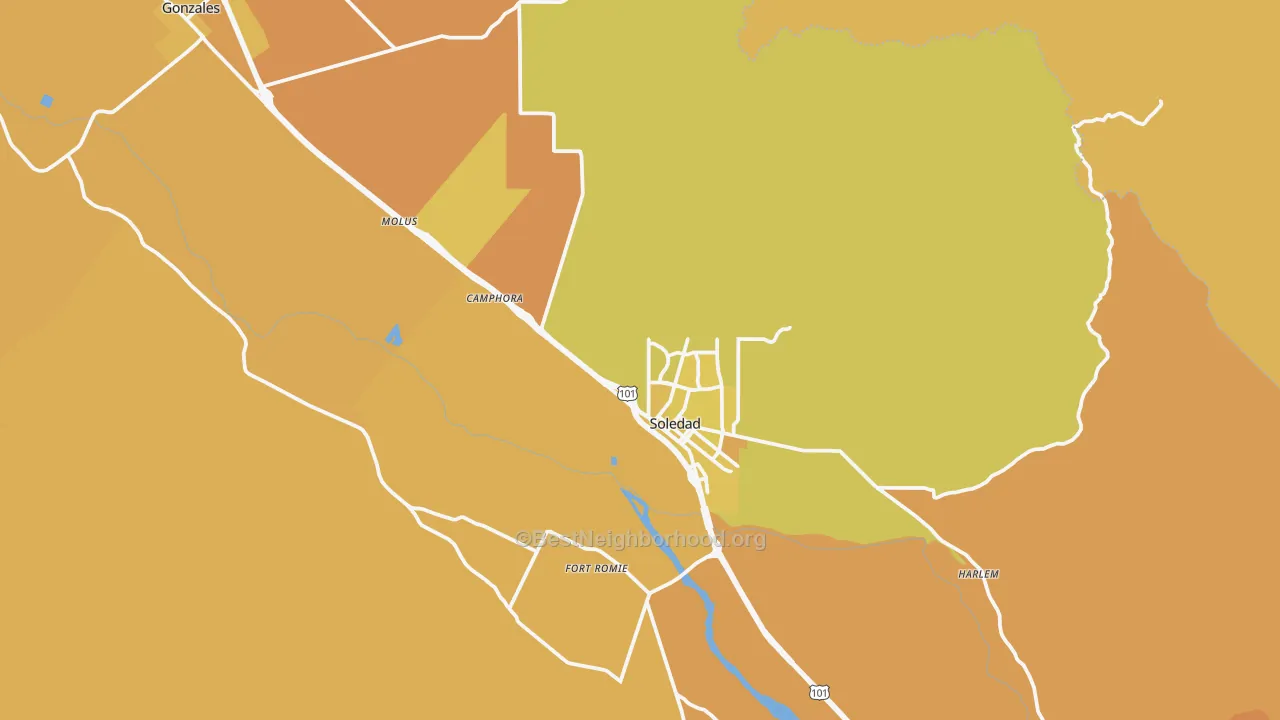 Map of the best neighborhoods in the 93960 area, with better matches in green and worse matches in red