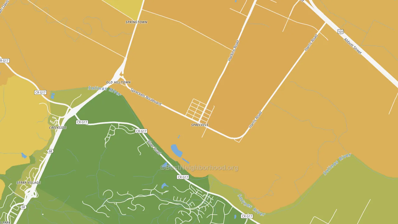 Map of the best neighborhoods in the 93962 area, with better matches in green and worse matches in red