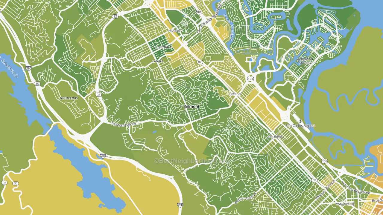 Map of the best neighborhoods in the 94002 area, with better matches in green and worse matches in red