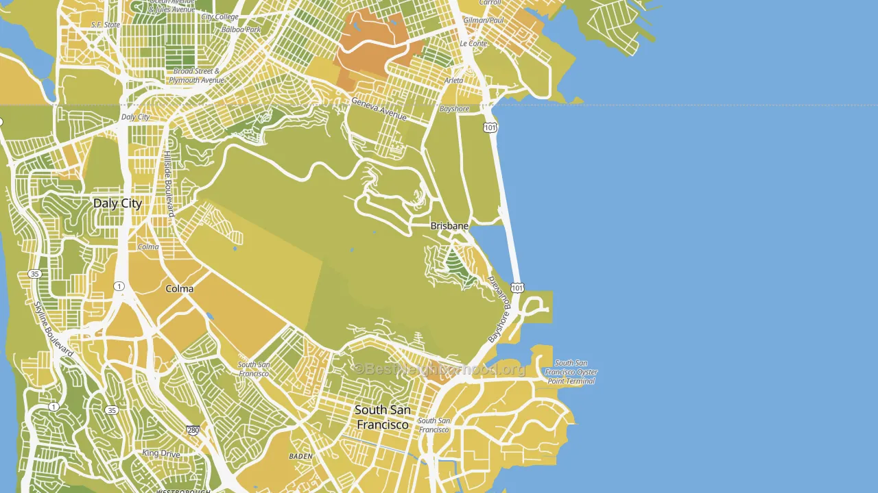 Map of the best neighborhoods in the 94005 area, with better matches in green and worse matches in red