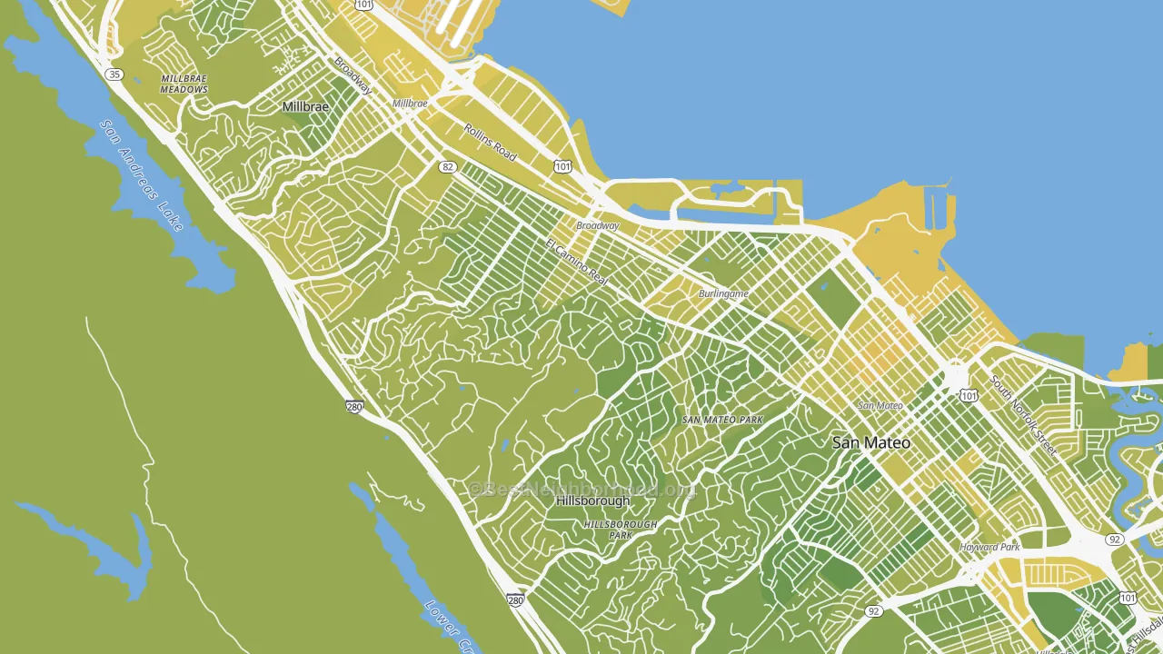 Map of the best neighborhoods in the 94010 area, with better matches in green and worse matches in red