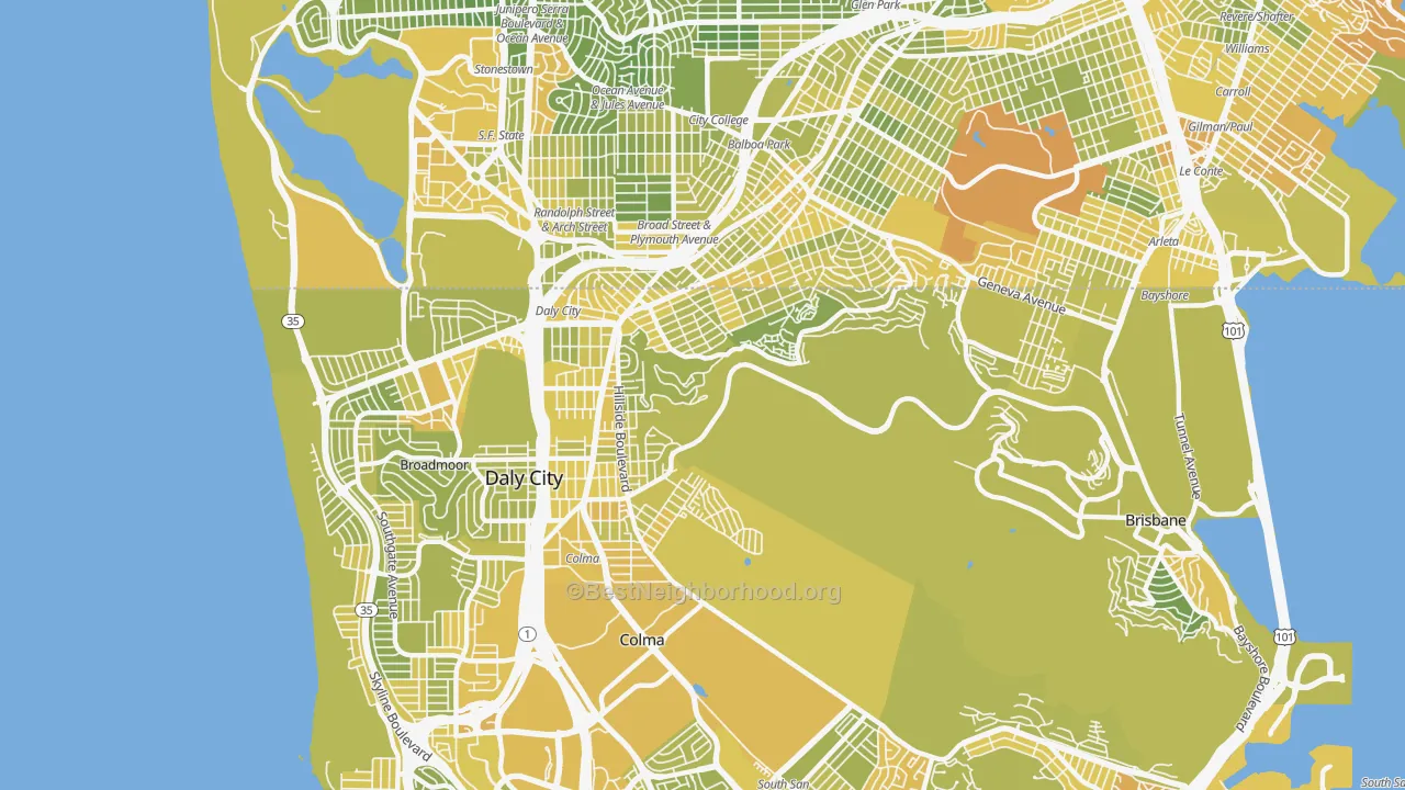 Map of the best neighborhoods in the 94014 area, with better matches in green and worse matches in red