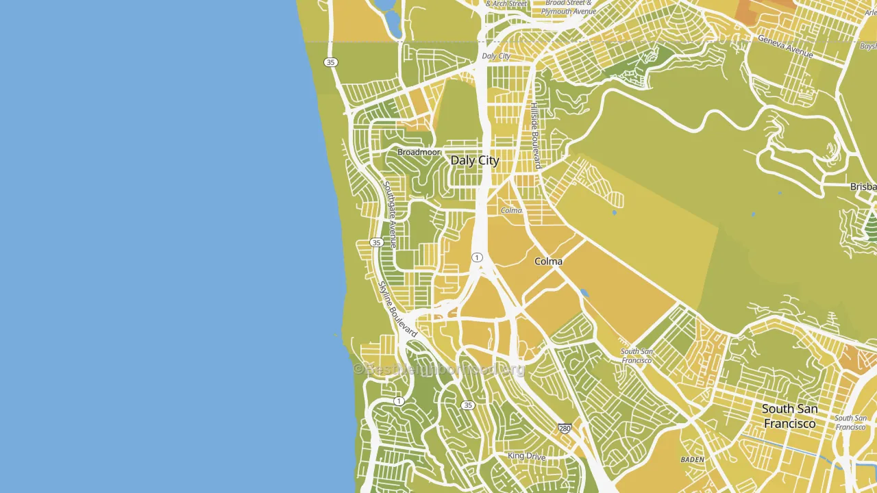 Map of the best neighborhoods in the 94015 area, with better matches in green and worse matches in red