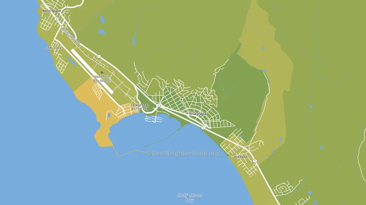 Map of the best neighborhoods in the 94018 area, with better matches in green and worse matches in red