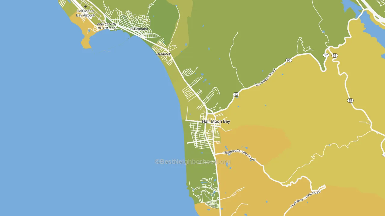 Map of the best neighborhoods in the 94019 area, with better matches in green and worse matches in red
