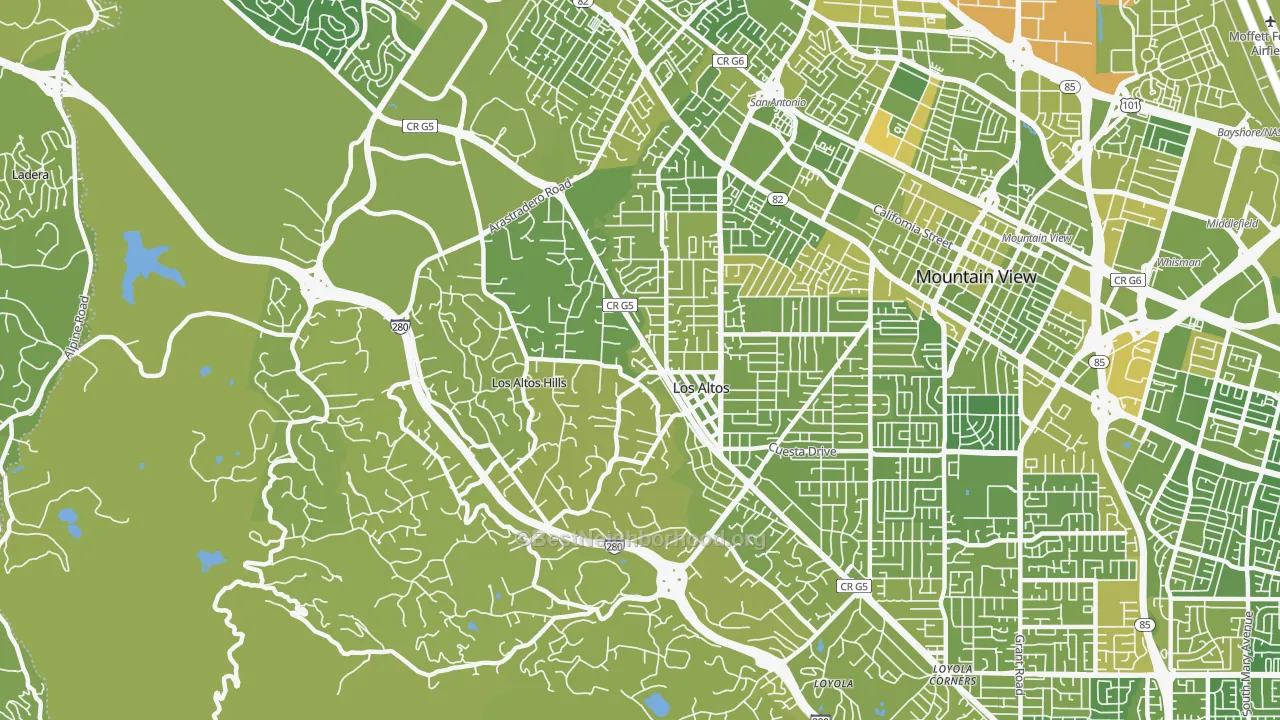 Map of the best neighborhoods in the 94022 area, with better matches in green and worse matches in red