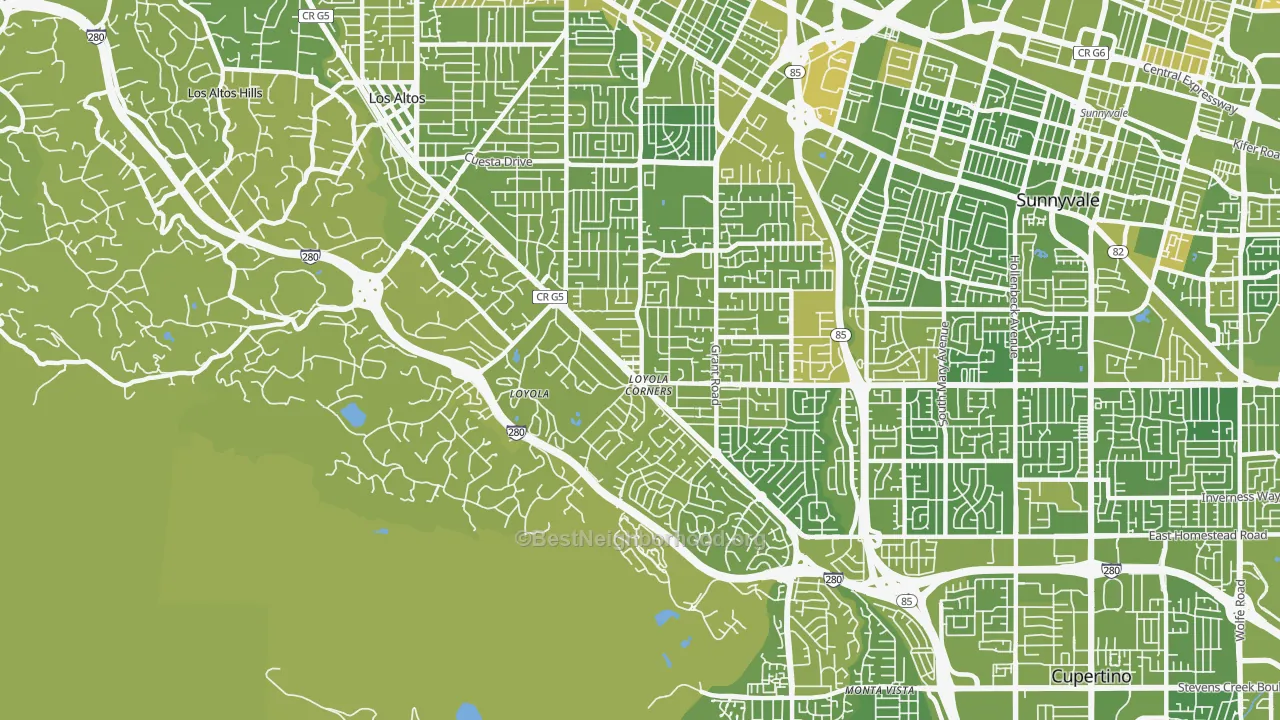 Map of the best neighborhoods in the 94024 area, with better matches in green and worse matches in red