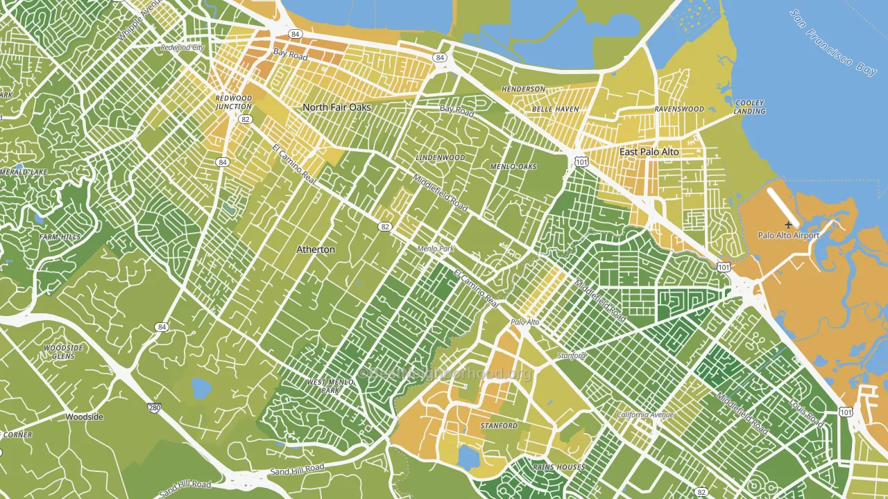 Map of the best neighborhoods in the 94025 area, with better matches in green and worse matches in red