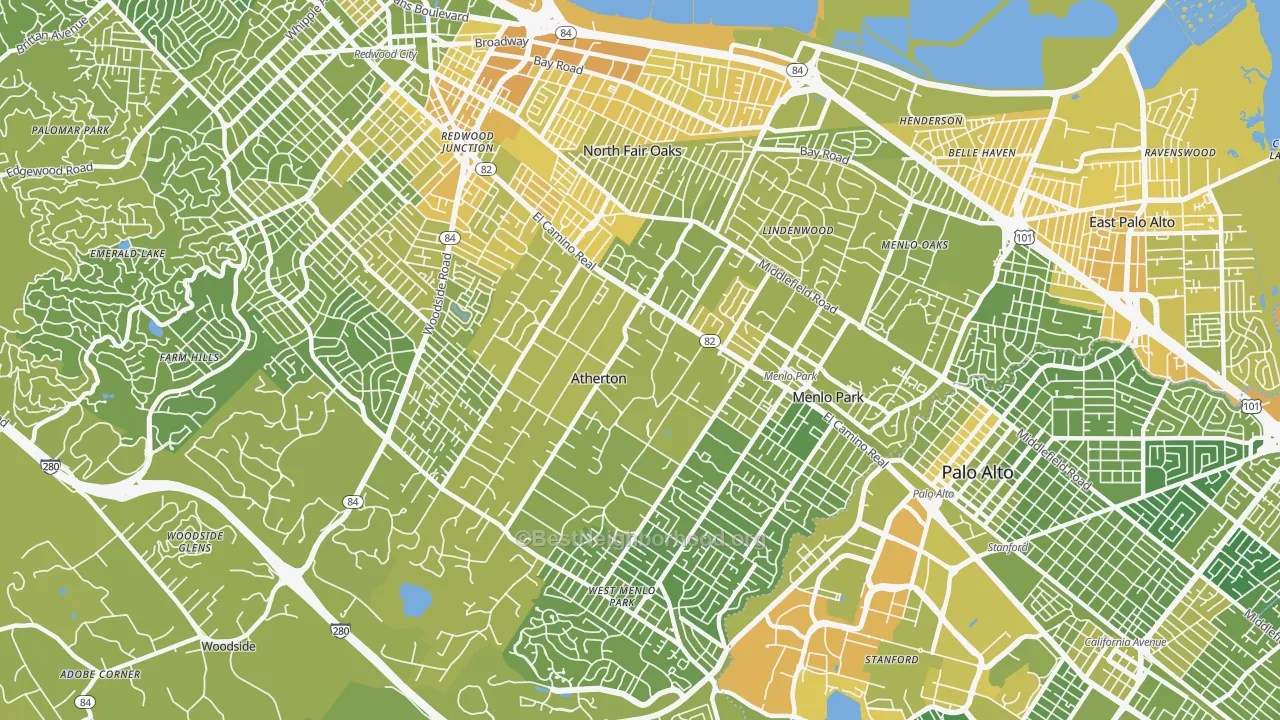 Map of the best neighborhoods in the 94027 area, with better matches in green and worse matches in red