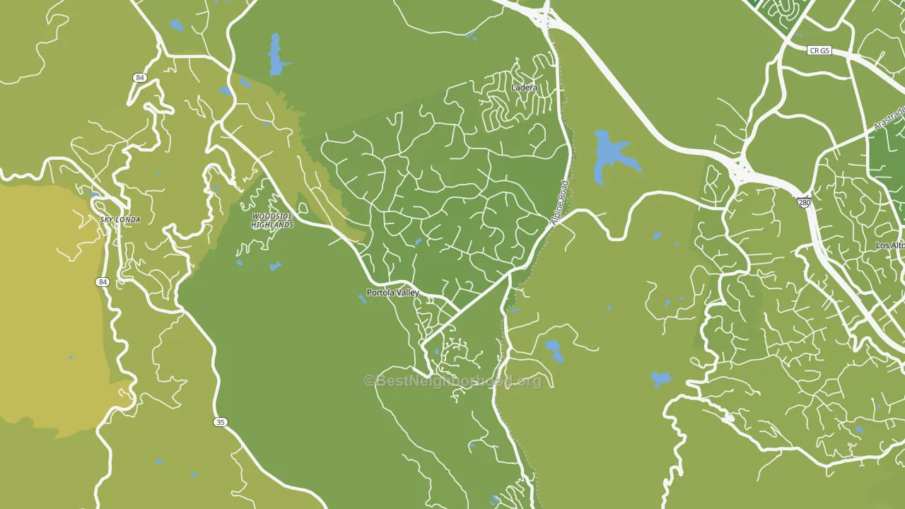Map of the best neighborhoods in the 94028 area, with better matches in green and worse matches in red