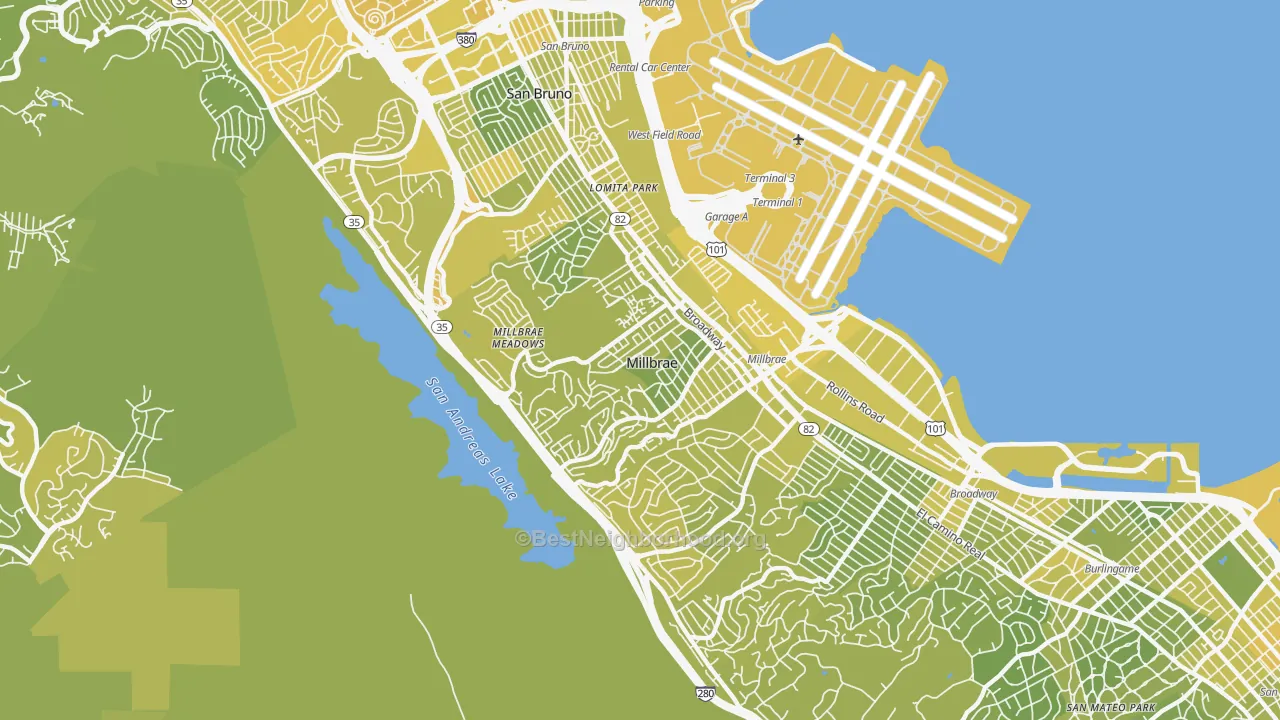 Map of the best neighborhoods in the 94030 area, with better matches in green and worse matches in red