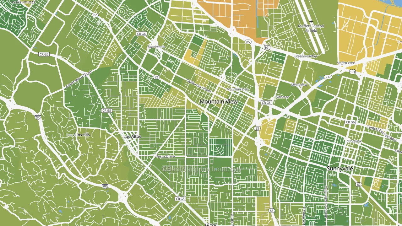 Map of the best neighborhoods in the 94040 area, with better matches in green and worse matches in red