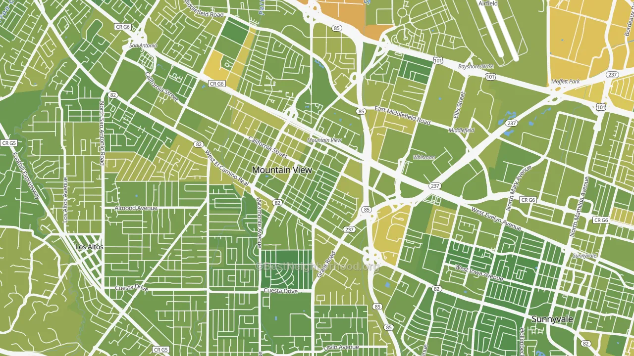Map of the best neighborhoods in the 94041 area, with better matches in green and worse matches in red