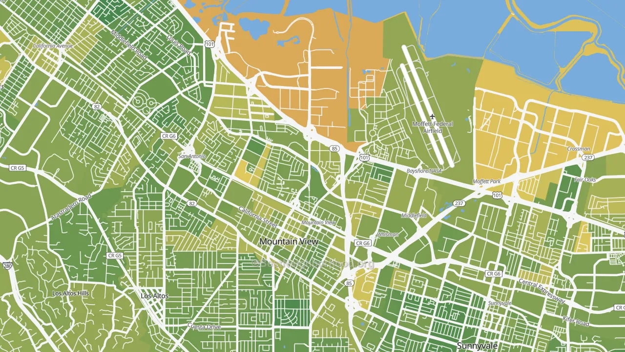 Map of the best neighborhoods in the 94043 area, with better matches in green and worse matches in red