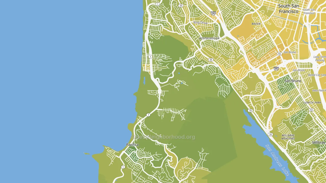 Map of the best neighborhoods in the 94044 area, with better matches in green and worse matches in red
