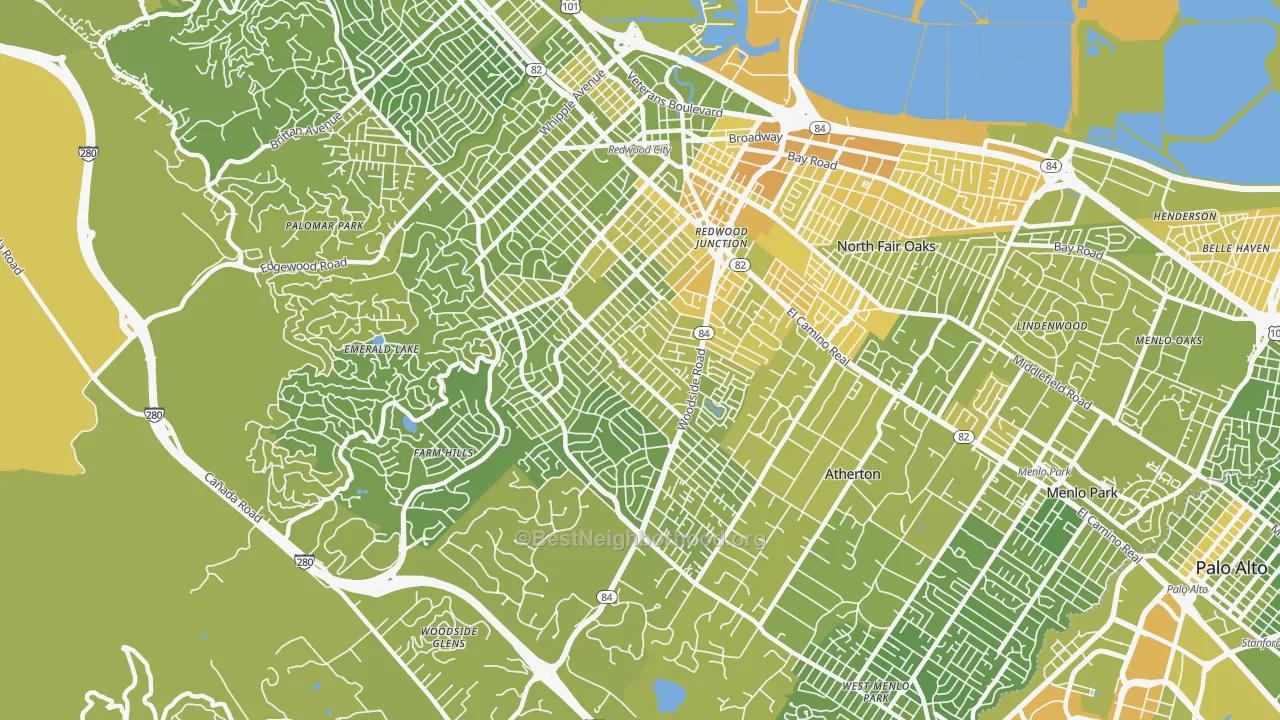 Map of the best neighborhoods in the 94061 area, with better matches in green and worse matches in red