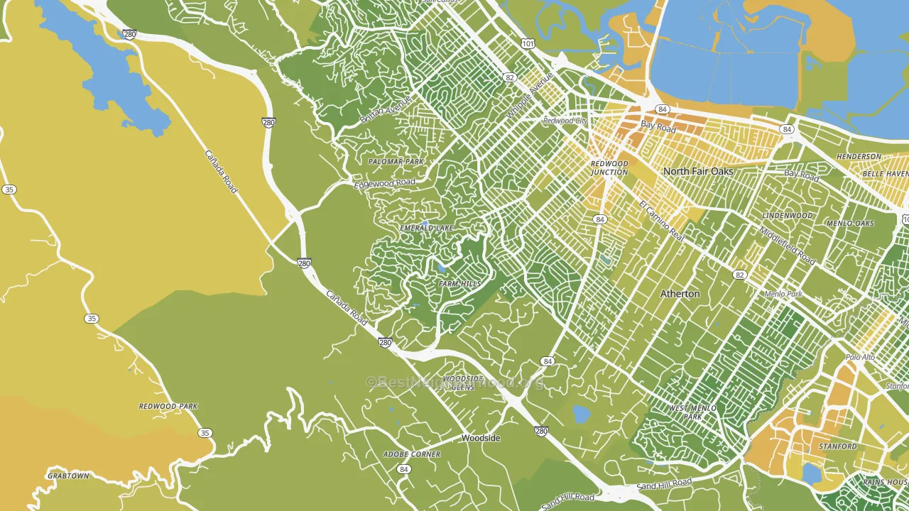 Map of the best neighborhoods in the 94062 area, with better matches in green and worse matches in red