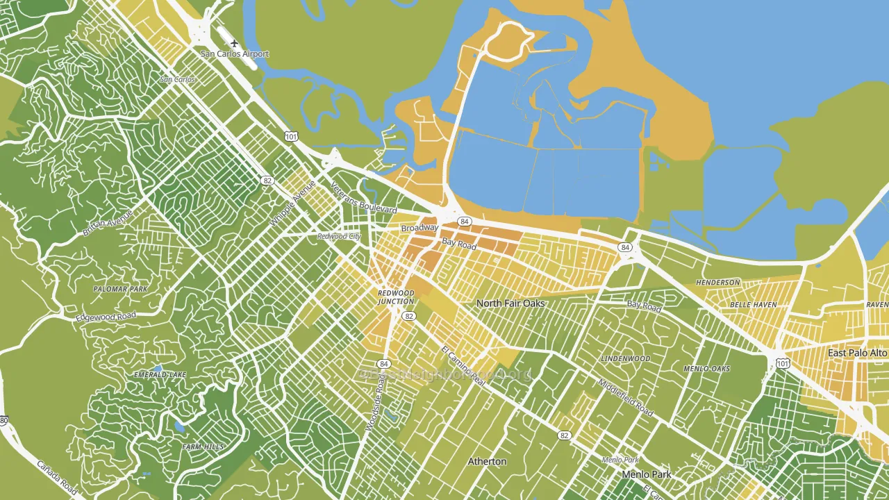 Map of the best neighborhoods in the 94063 area, with better matches in green and worse matches in red