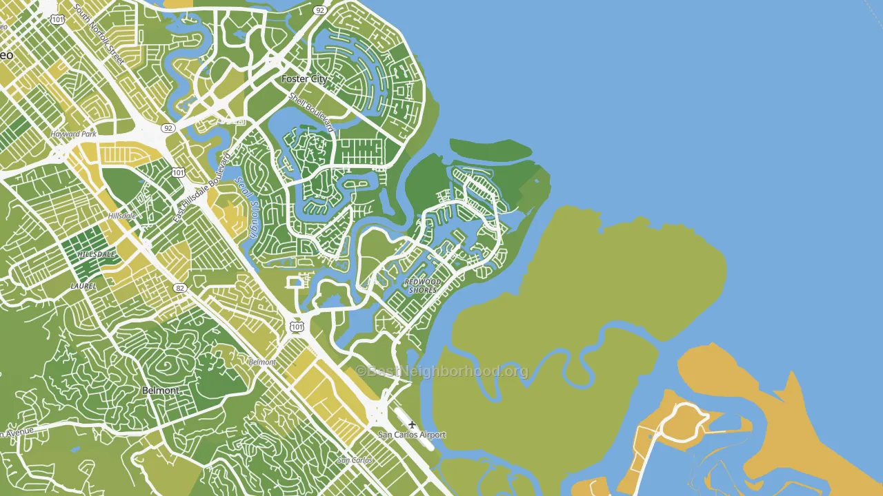Map of the best neighborhoods in the 94065 area, with better matches in green and worse matches in red