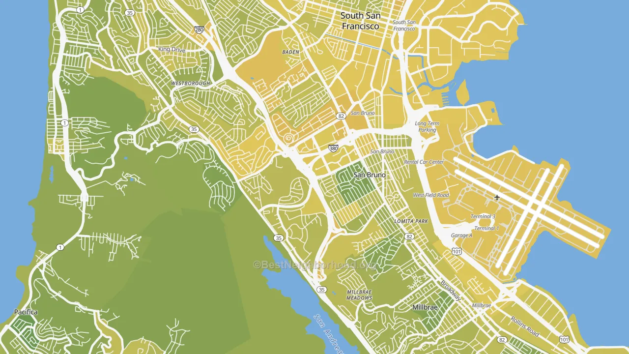 Map of the best neighborhoods in the 94066 area, with better matches in green and worse matches in red