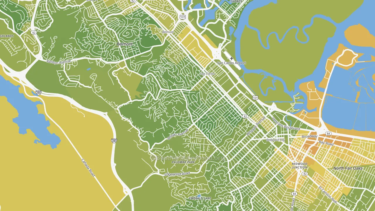 Map of the best neighborhoods in the 94070 area, with better matches in green and worse matches in red