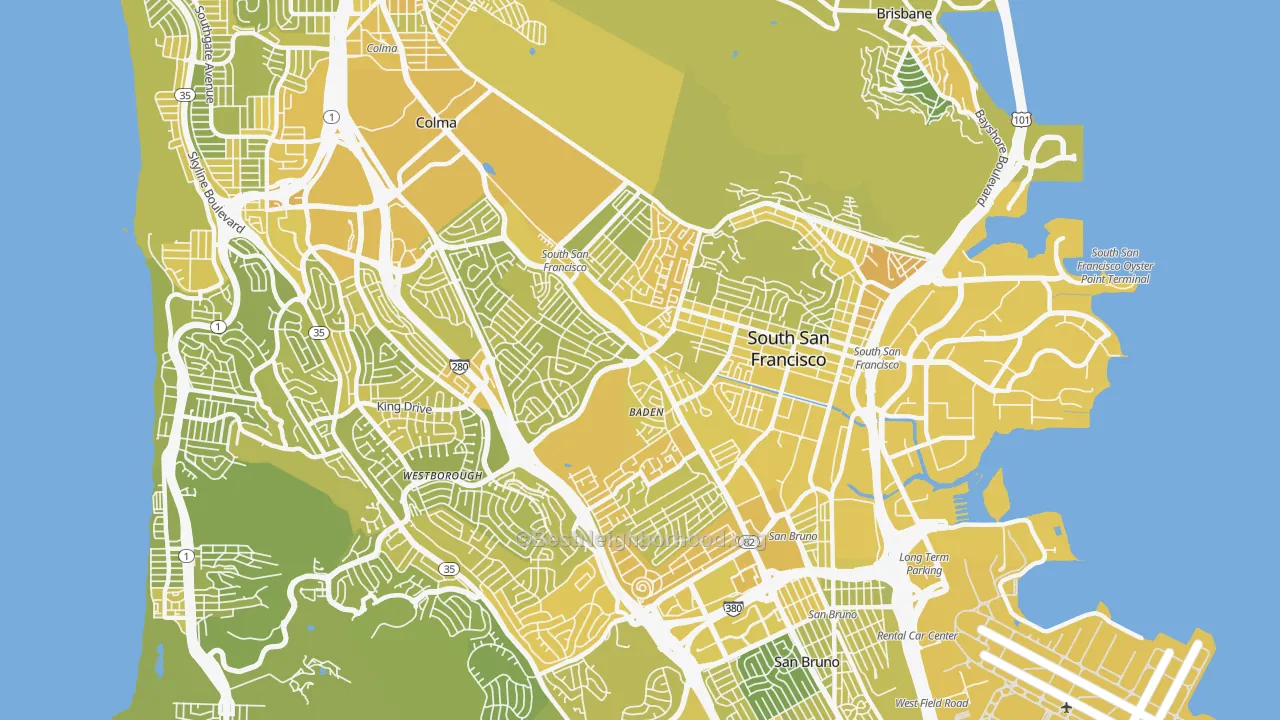 Map of the best neighborhoods in the 94080 area, with better matches in green and worse matches in red