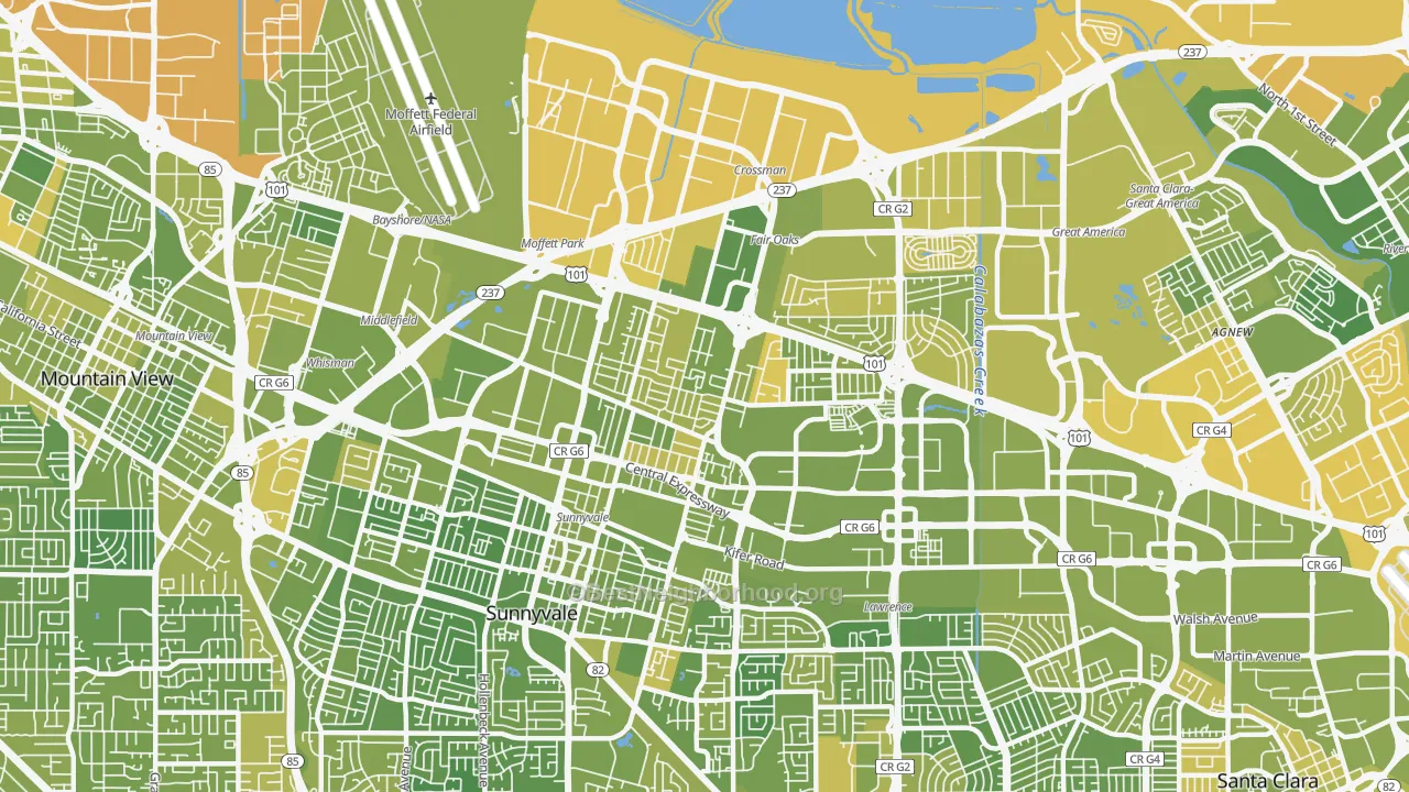Map of the best neighborhoods in the 94085 area, with better matches in green and worse matches in red