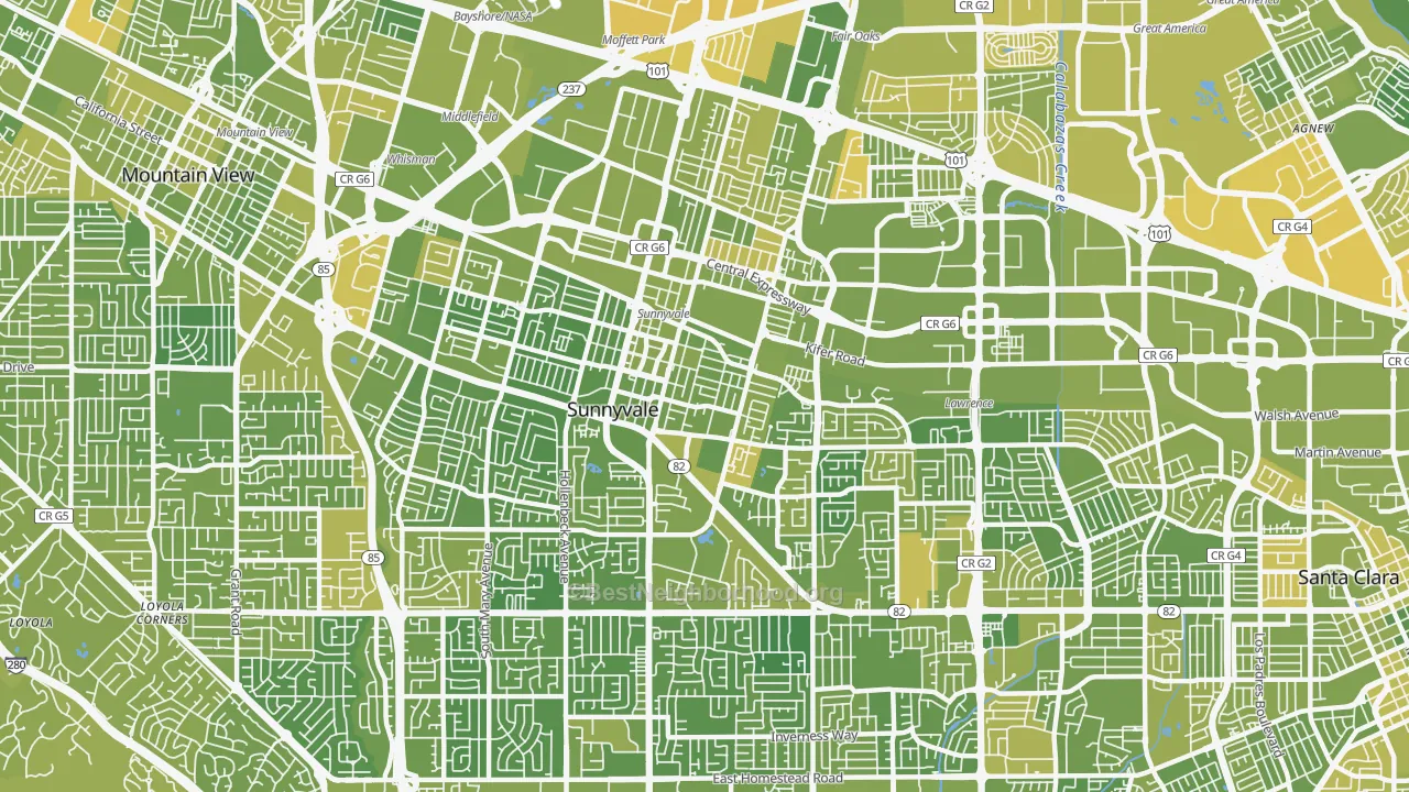 Map of the best neighborhoods in the 94086 area, with better matches in green and worse matches in red