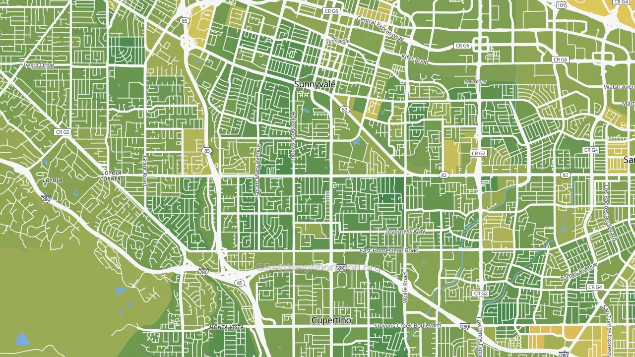 Map of the best neighborhoods in the 94087 area, with better matches in green and worse matches in red