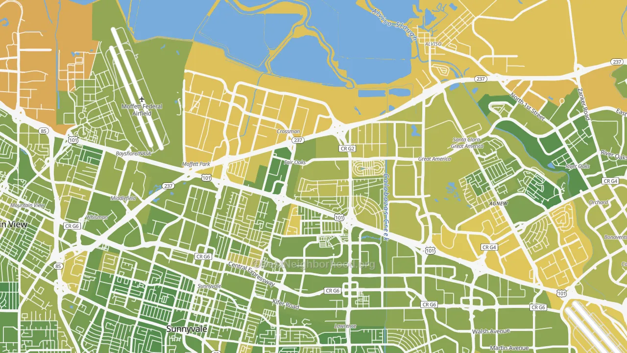 Map of the best neighborhoods in the 94089 area, with better matches in green and worse matches in red