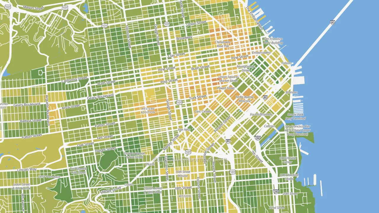 Map of the best neighborhoods in the 94102 area, with better matches in green and worse matches in red