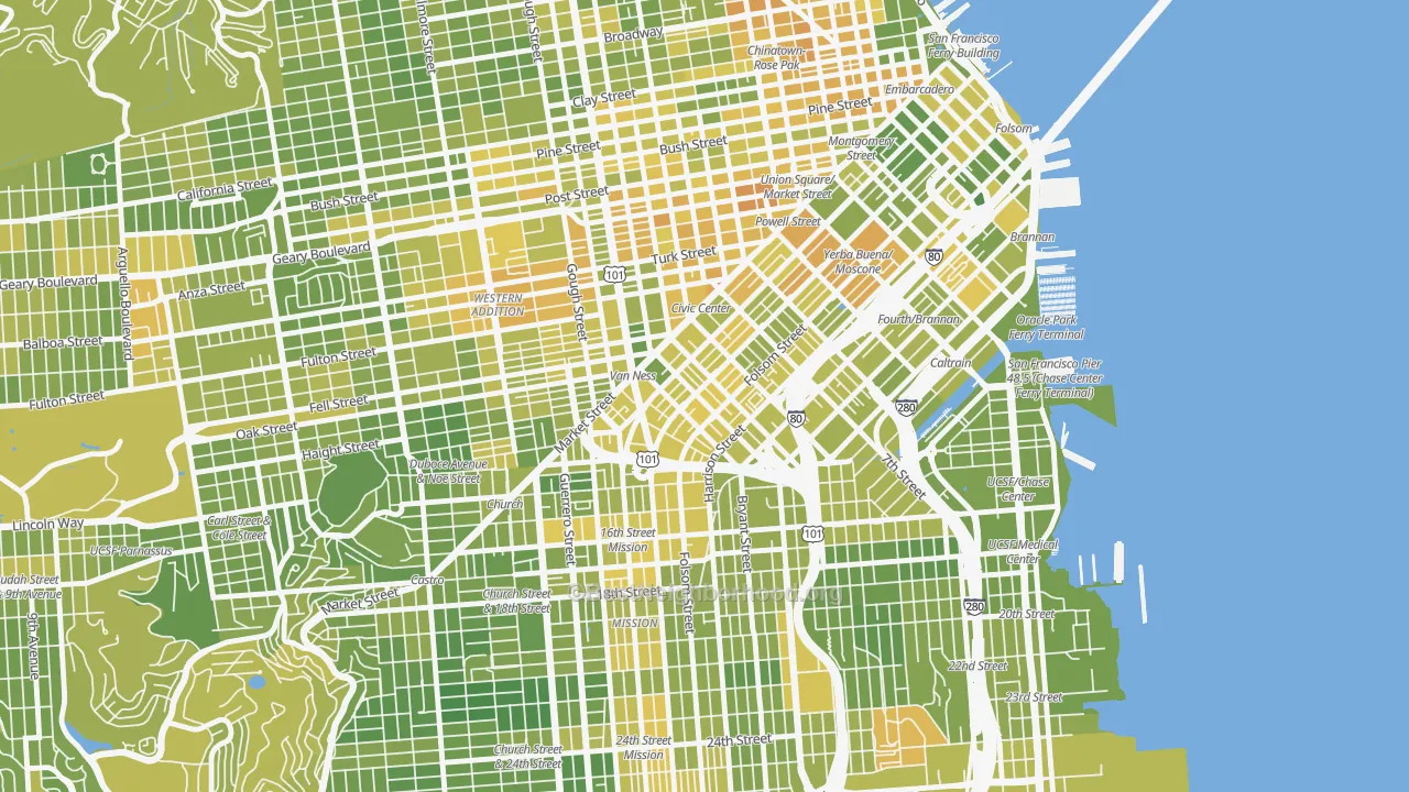 Map of the best neighborhoods in the 94103 area, with better matches in green and worse matches in red