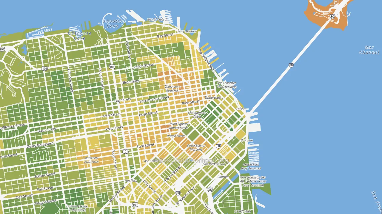 Map of the best neighborhoods in the 94104 area, with better matches in green and worse matches in red