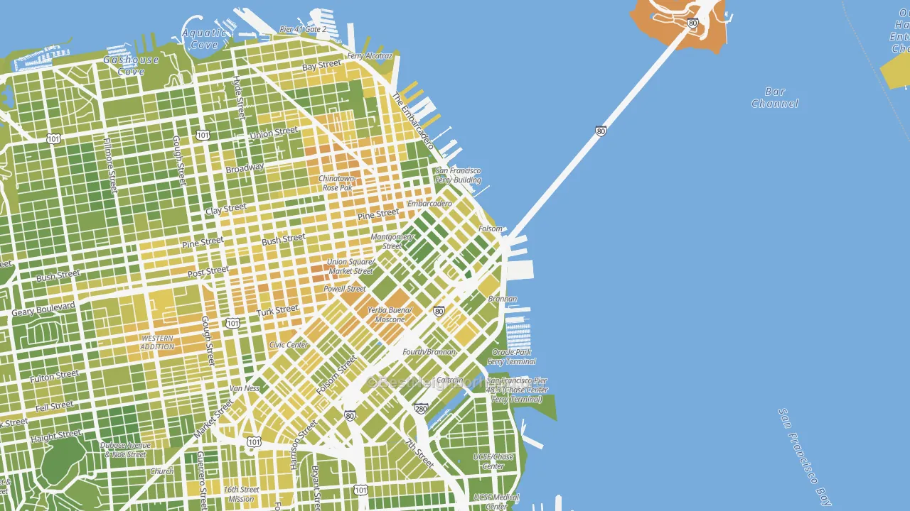Map of the best neighborhoods in the 94105 area, with better matches in green and worse matches in red