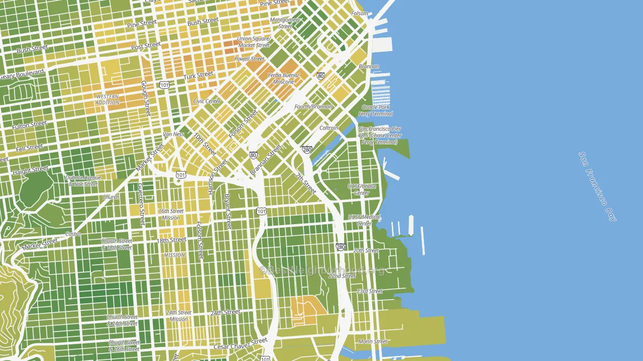 Map of the best neighborhoods in the 94107 area, with better matches in green and worse matches in red